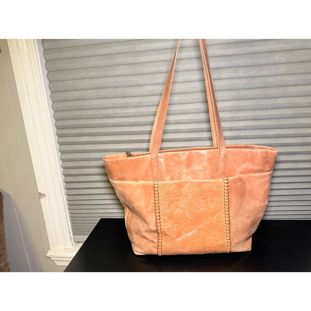 The Sak Tan Distressed Tote Bag Embossed Floral Faux Leather Shoulder Purse Boho